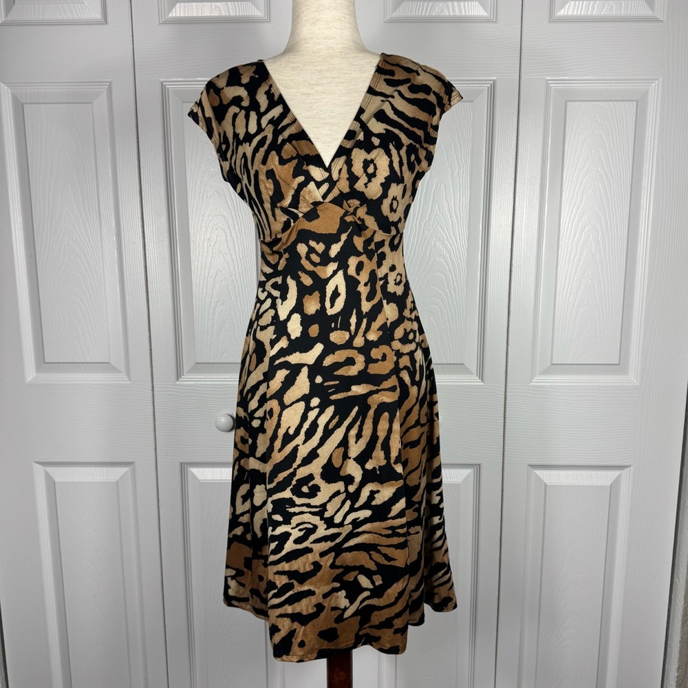 Merona Women's Animal Print Fitted Midi Dress Brown Black V Neck Size XS